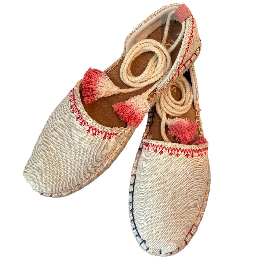 TOMS Valencia Espadrille Flats Cream Canvas Ankle Tie Tassel Womens 8.5